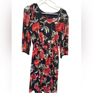 New York & Company Black and Red Floral Long Sleeve Dress PTP 19